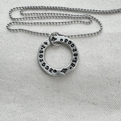 Organically shaped thick open circle pendant with custom coordinates hand stamped - personalized latitude and longitude necklace - drake designs jewelry