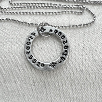 Organically shaped thick open circle pendant with custom coordinates hand stamped - personalized latitude and longitude necklace - drake designs jewelry
