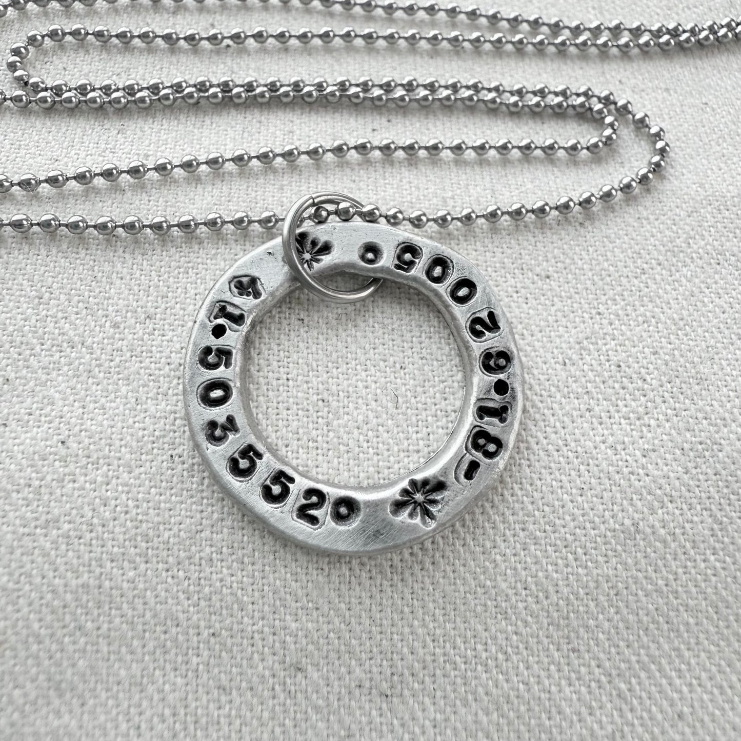Organically shaped thick open circle pendant with custom coordinates hand stamped - personalized latitude and longitude necklace - drake designs jewelry