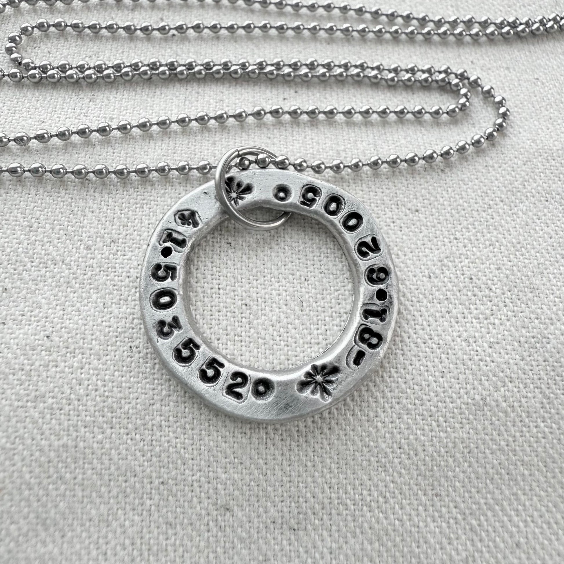 Organically shaped thick open circle pendant with custom coordinates hand stamped - personalized latitude and longitude necklace - drake designs jewelry
