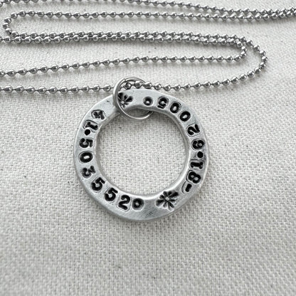 Organically shaped thick open circle pendant with custom coordinates hand stamped - personalized latitude and longitude necklace - drake designs jewelry
