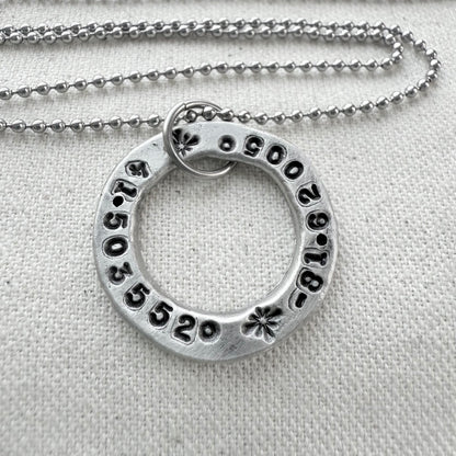 Organically shaped thick open circle pendant with custom coordinates hand stamped - personalized latitude and longitude necklace - drake designs jewelry