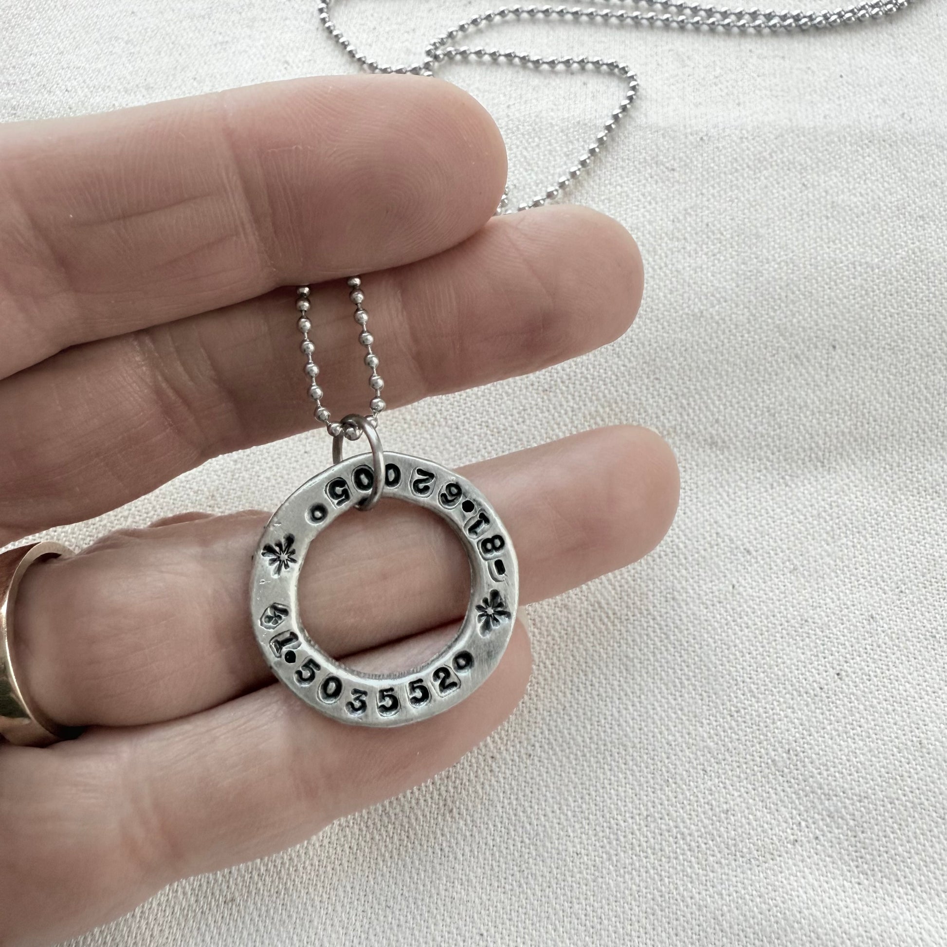 Organically shaped thick open circle pendant with custom coordinates hand stamped - personalized latitude and longitude necklace - drake designs jewelry