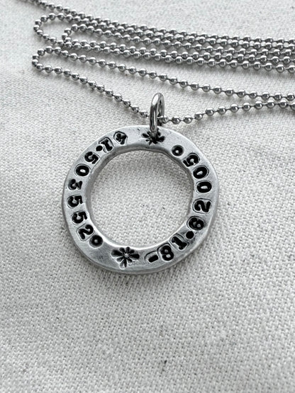 Organically shaped thick open circle pendant with custom coordinates hand stamped - personalized latitude and longitude necklace - drake designs jewelry