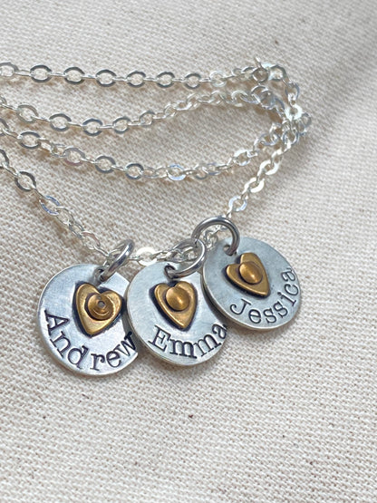 Sterling Silver Mom Necklace with Kids' Names and Golden brass Heart on Tiny Personalized Charms