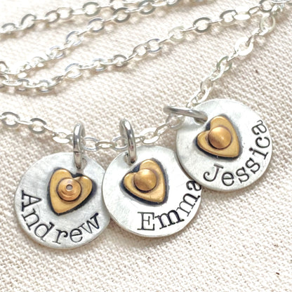 Sterling Silver Mom Necklace with Kids' Names and Golden brass Heart on Tiny Personalized Charms