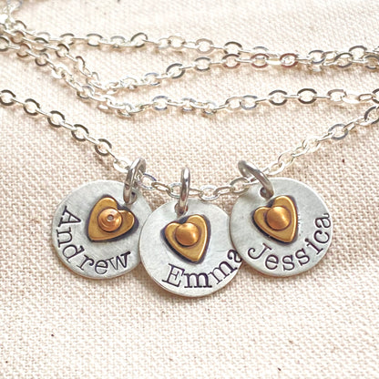 Sterling Silver Mom Necklace with Kids' Names and Golden brass Heart on Tiny Personalized Charms