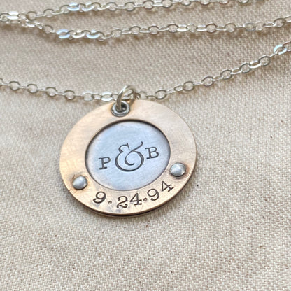 Personalized Mixed Metal Mom Necklace with Initials and Anniversary Date Hand Stamped - Gold and Silver