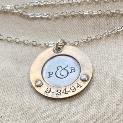 Personalized Mixed Metal Mom Necklace with Initials and Anniversary Date Hand Stamped - Gold and Silver