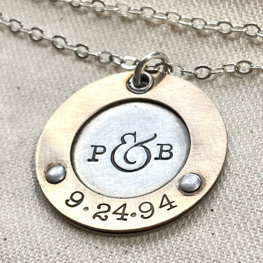 Personalized mixed metal mom necklace with initials and anniversary date hand stamped - gold and silver