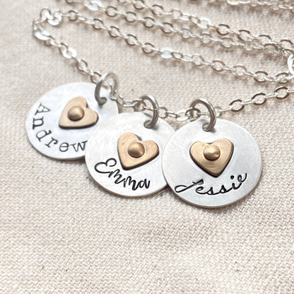 Sterling Silver mom Necklace with Kids Names and Golden Brass Heart