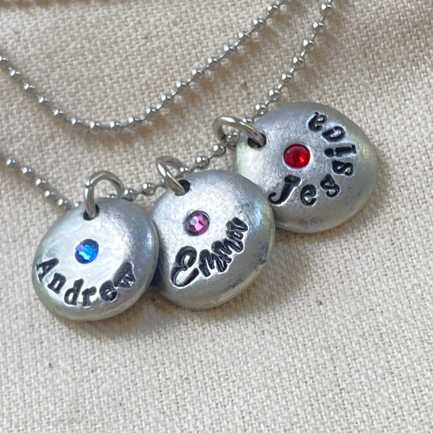 Personalized Necklace with Kids Names and Birthstones on Pewter Pebble Chsrms