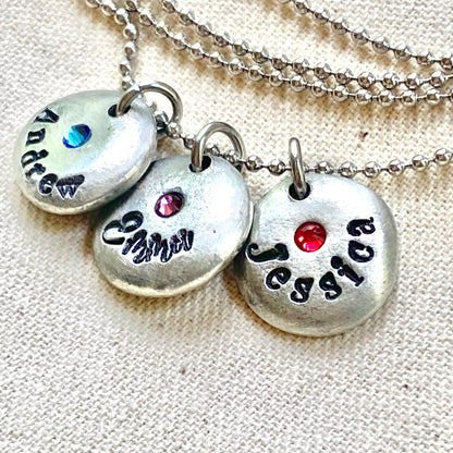 Personalized necklace with kids names and birthstones on pewter pebble charms- Drake Designs Jewelry