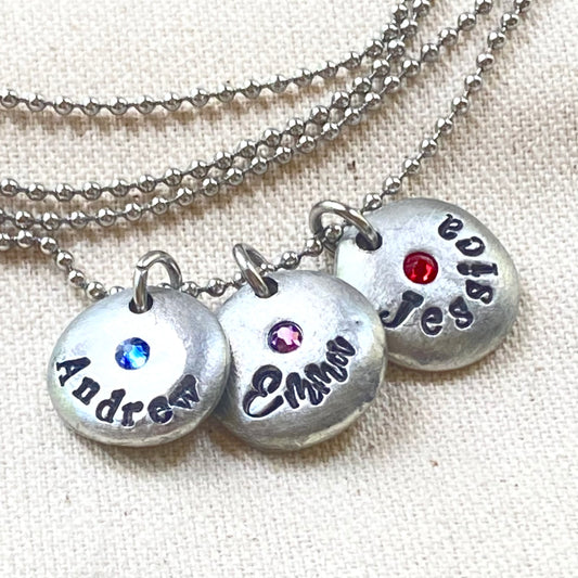 Pewter pebble name charms personalized on a necklace with names and birthstones - custom mom necklace - drake designs jewelry