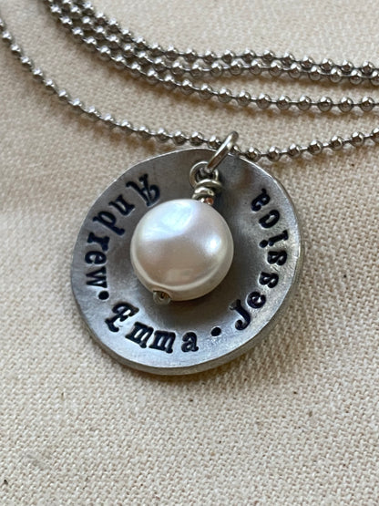 Rustic personalized mom necklace with kids names and pearl - hand stamped jewelry