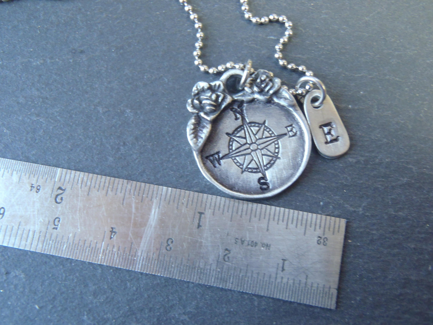 Handmade Silver Compass Rose Necklace with Floral Border | Vintage Style Pendant