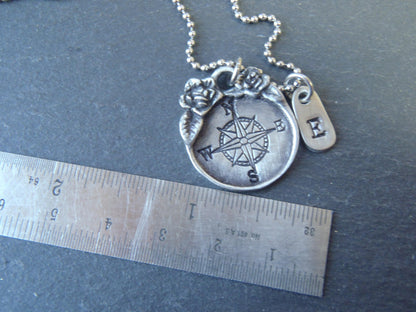 Handmade Silver Compass Rose Necklace with Floral Border | Vintage Style Pendant