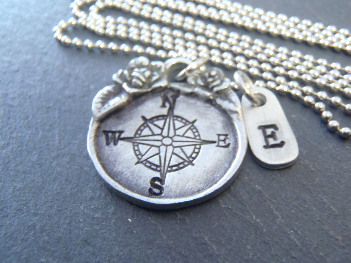 Handmade Silver Compass Rose Necklace with Floral Border | Vintage Style Pendant