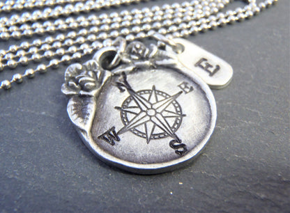 Handmade Silver Compass Rose Necklace with Floral Border | Vintage Style Pendant