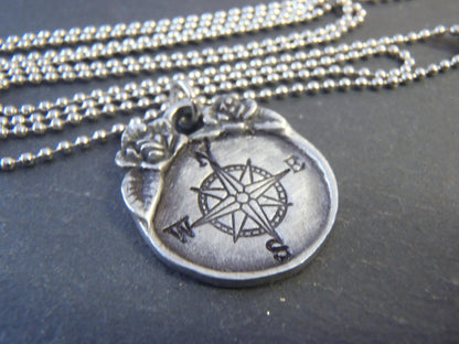 Handmade Silver Compass Rose Necklace with Floral Border | Vintage Style Pendant