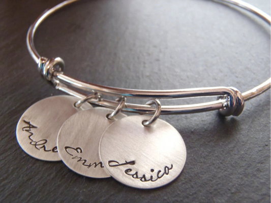 Mom bracelet with kids names on sterling silver charms - silver adjustable bangle bracelet - drake designs jewelry