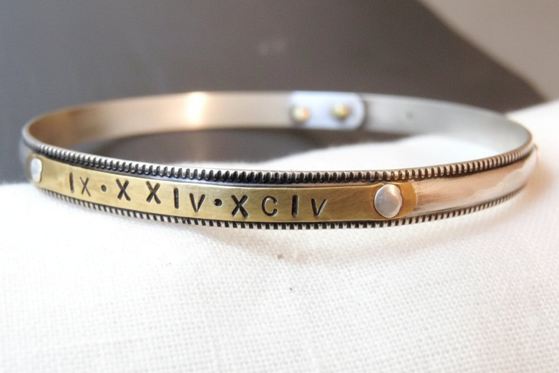 Sterling Silver Bangle Bracelet with with Roman Numerals or Name - Silver and Gold