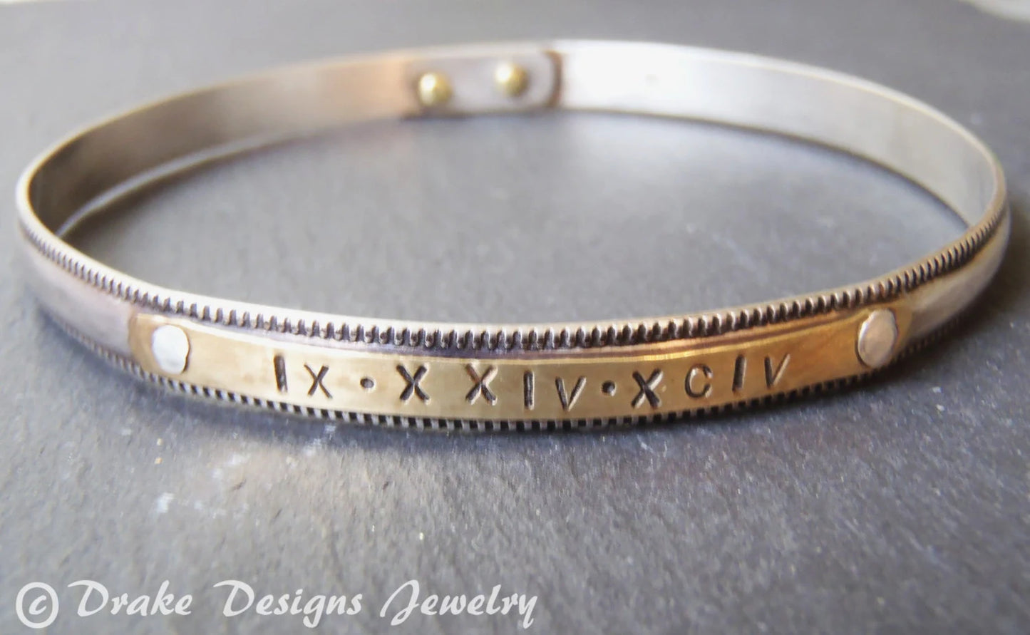Sterling Silver Bangle Bracelet with with Roman Numerals or Name - Silver and Gold