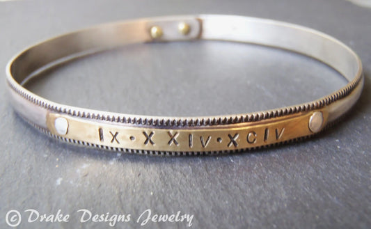Sterling Silver Bangle Bracelet with with Roman Numerals or Name - Silver and Gold