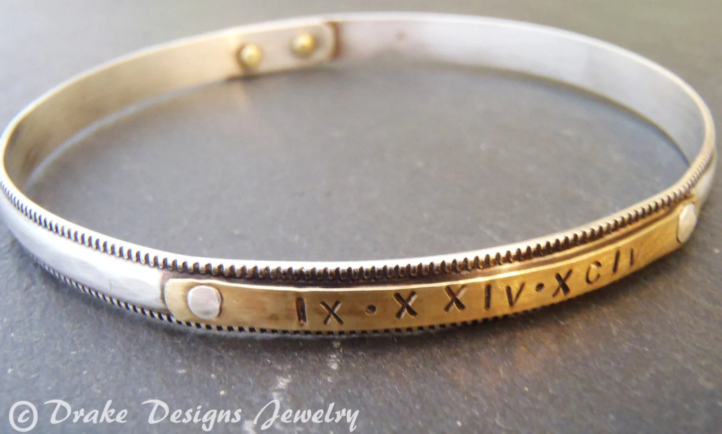 Sterling Silver Bangle Bracelet with with Roman Numerals or Name - Silver and Gold