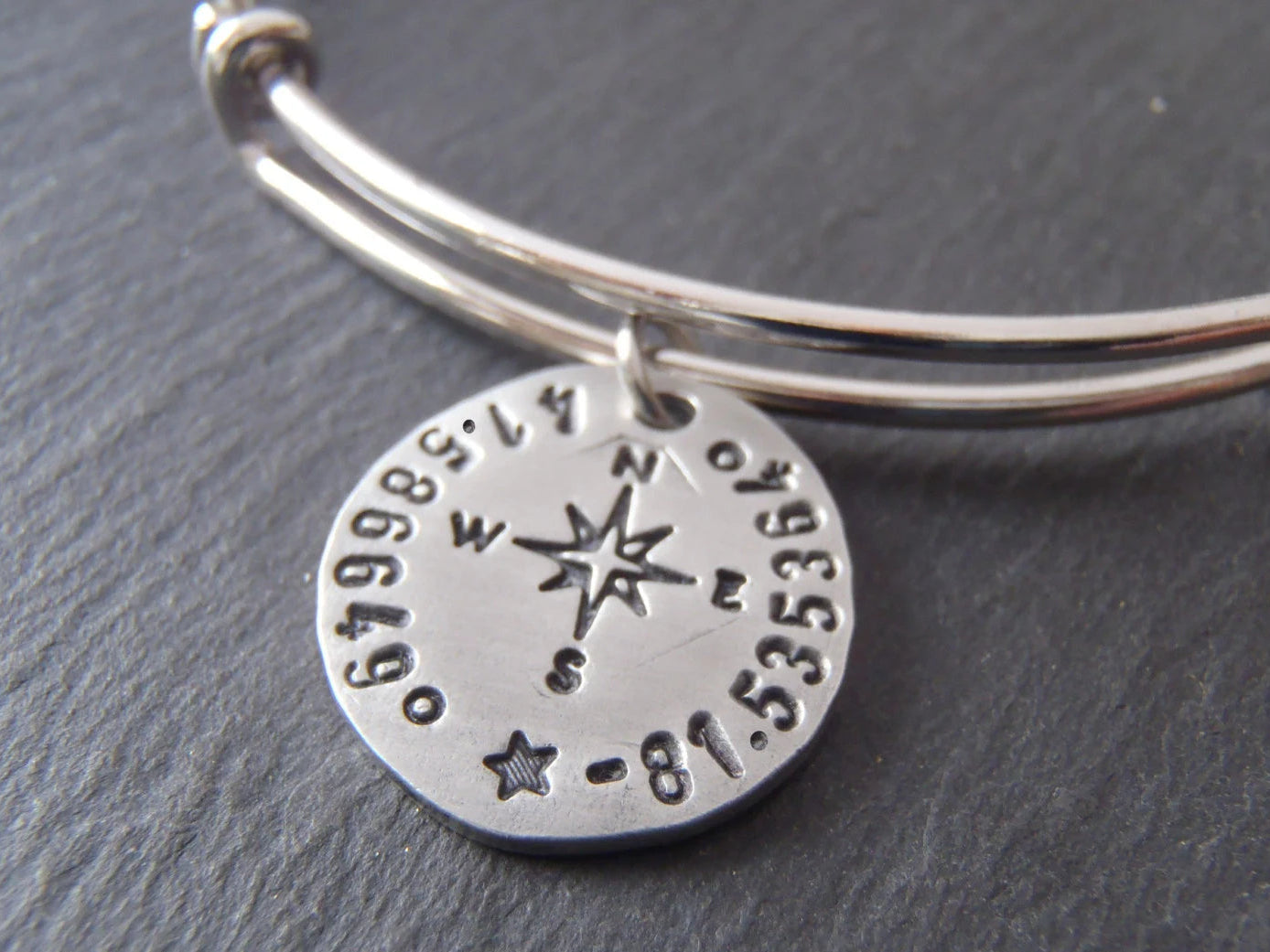 GPS coordinate bangle bracelet for her - womens personalized compass jewelry - Drake Designs 