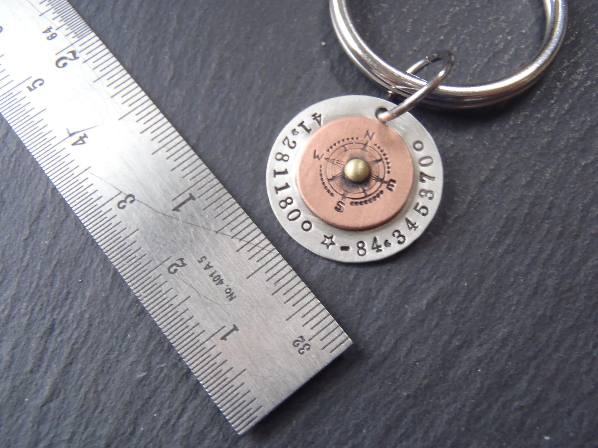 Custom Coordinates Sterling Silver Compass Keychain Personalized with Latitude and Longitude - drake designs jewelry