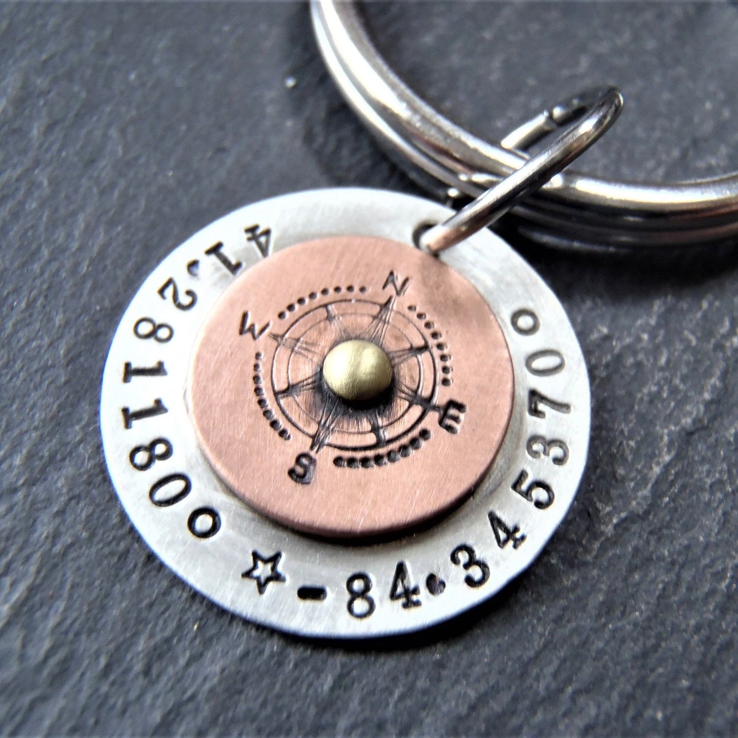 Sterling Silver Coordinates Keychain Personalized with Latitude and Longitude - silver and copper compass - drake designs jewelry