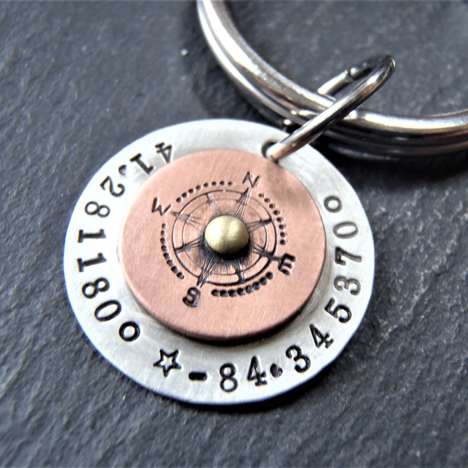 Sterling Silver Coordinates Keychain Personalized with Latitude and Longitude - silver and copper compass - drake designs jewelry