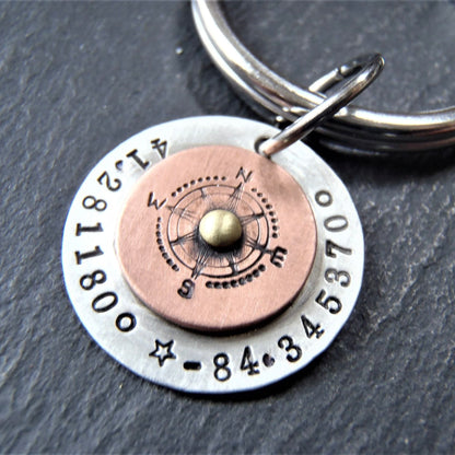 Sterling Silver Coordinates Keychain Personalized with Latitude and Longitude - silver and copper compass - drake designs jewelry