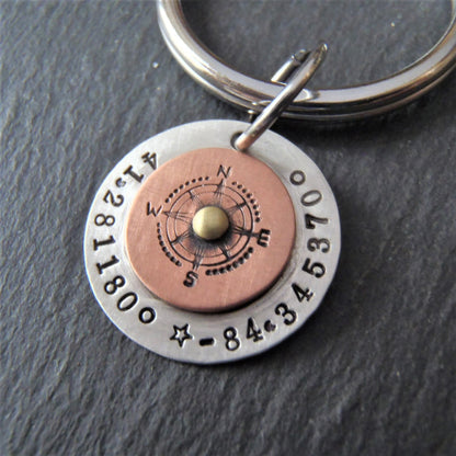 Custom Coordinates Sterling Silver Compass Keychain Personalized with Latitude and Longitude - drake designs jewelry