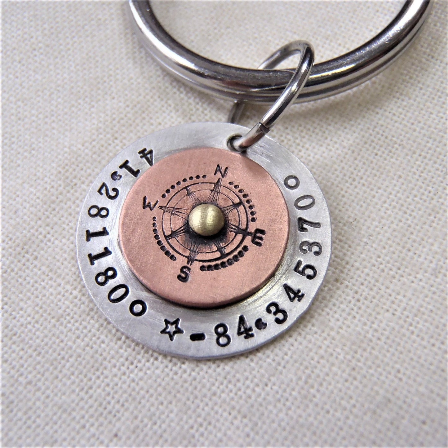 Custom Coordinates Sterling Silver Compass Keychain Personalized with Latitude and Longitude - drake designs jewelry