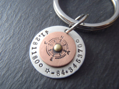 Custom Coordinates Sterling Silver Compass Keychain Personalized with Latitude and Longitude - drake designs jewelry