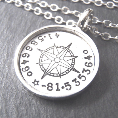 Personalized Compass, Sterling Silver Necklace with Coordinates. Raised Edge Border Pendant