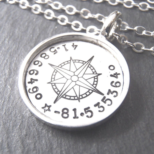 Personalized Compass, Sterling Silver Necklace with Coordinates. Raised Edge Border Pendant