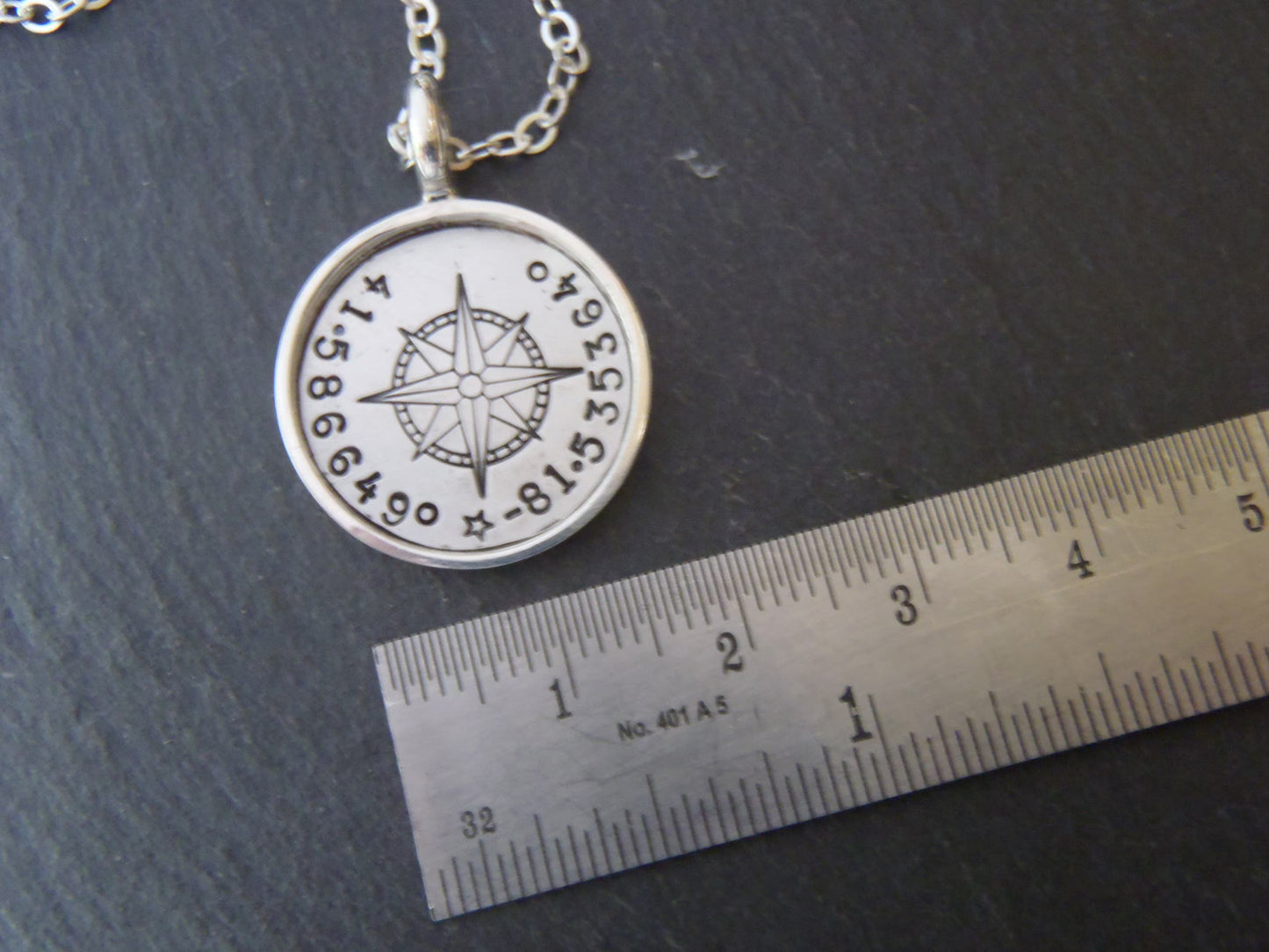 Personalized Compass, Sterling Silver Necklace with Coordinates. Raised Edge Border Pendant