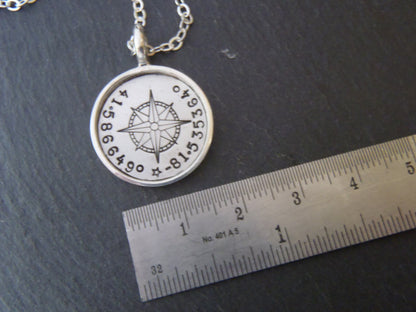 Personalized Compass, Sterling Silver Necklace with Coordinates. Raised Edge Border Pendant