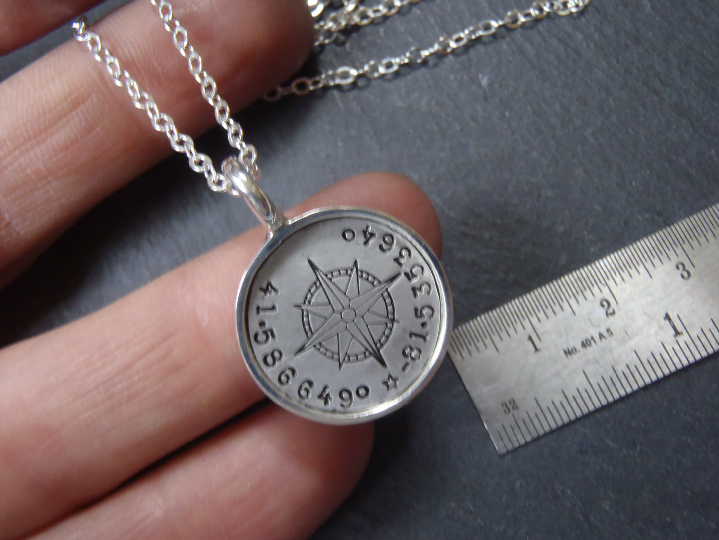 Personalized Compass, Sterling Silver Necklace with Coordinates. Raised Edge Border Pendant