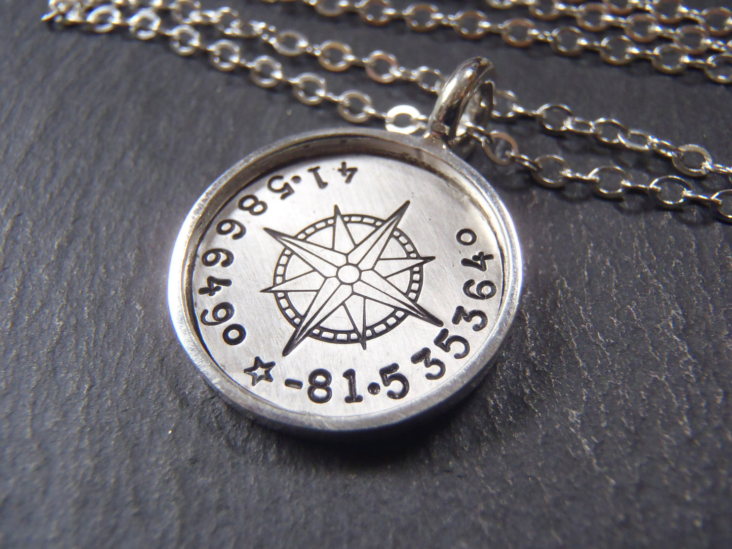 Personalized Compass, Sterling Silver Necklace with Coordinates. Raised Edge Border Pendant