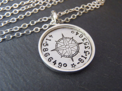 Personalized Compass, Sterling Silver Necklace with Coordinates. Raised Edge Border Pendant