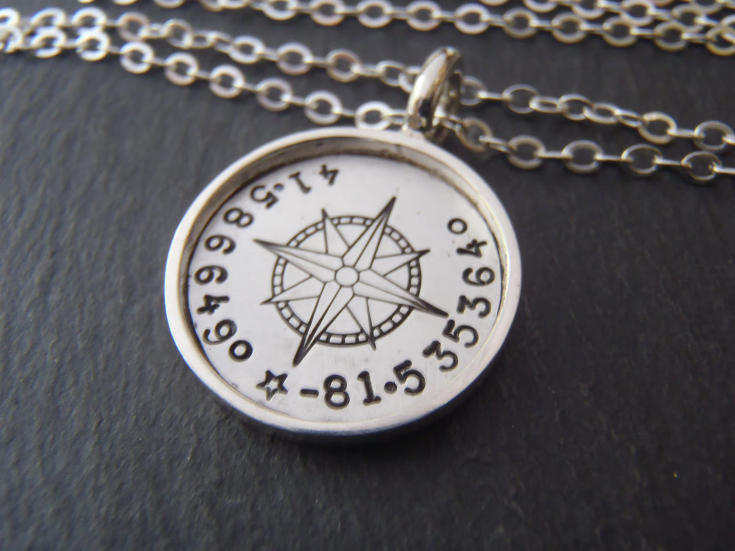 Personalized Compass, Sterling Silver Necklace with Coordinates. Raised Edge Border Pendant