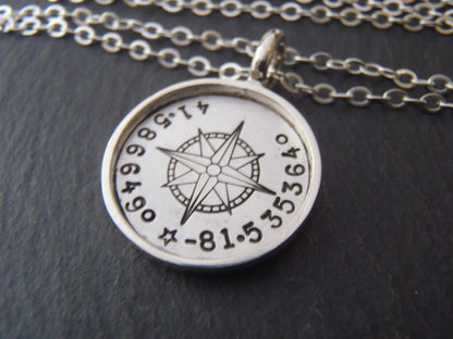 Personalized Compass, Sterling Silver Necklace with Coordinates. Raised Edge Border Pendant