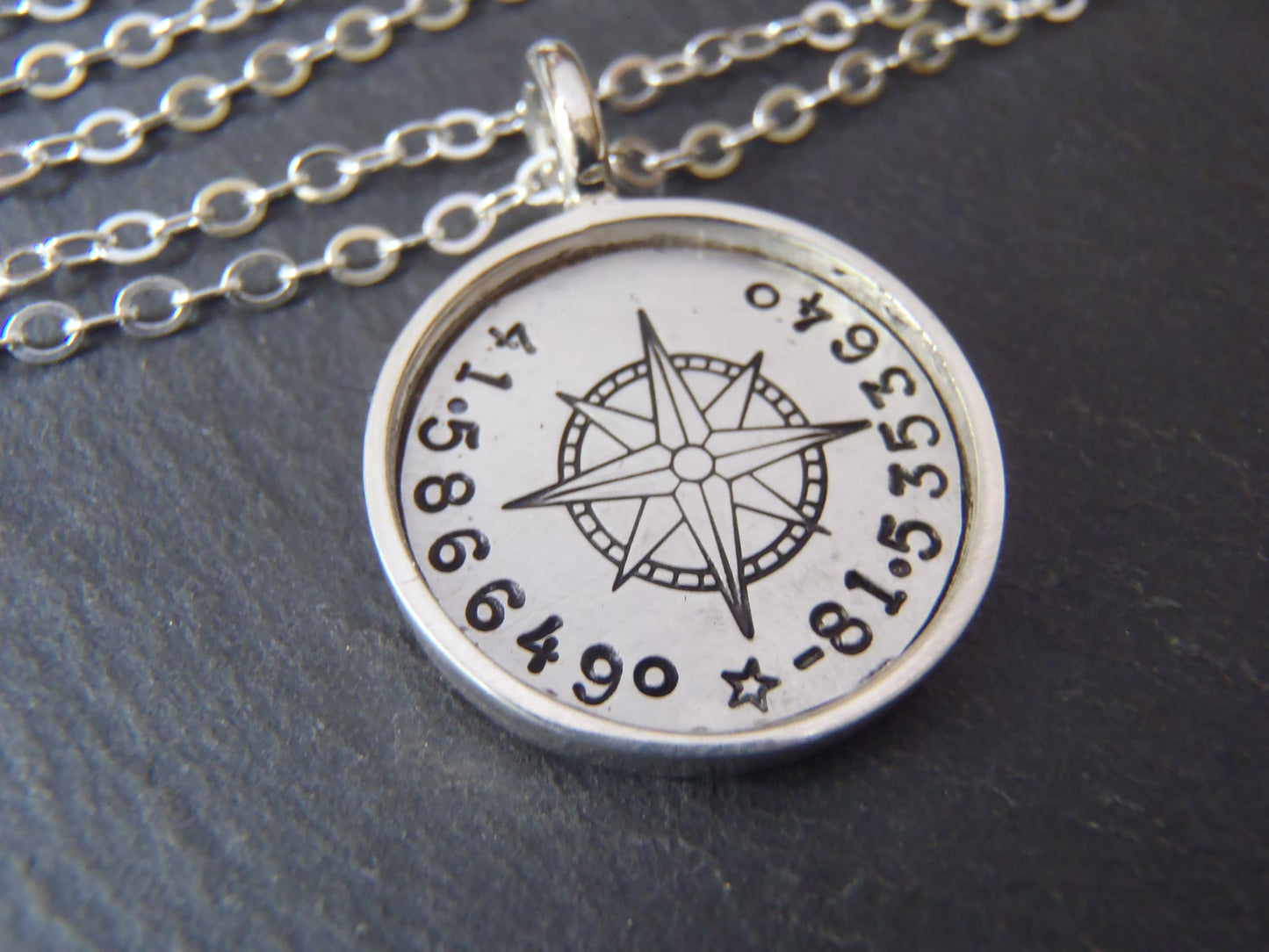 Personalized Compass, Sterling Silver Necklace with Coordinates. Raised Edge Border Pendant