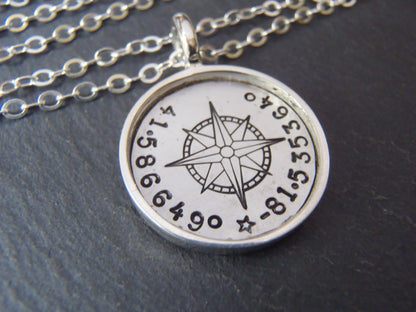 Personalized Compass, Sterling Silver Necklace with Coordinates. Raised Edge Border Pendant