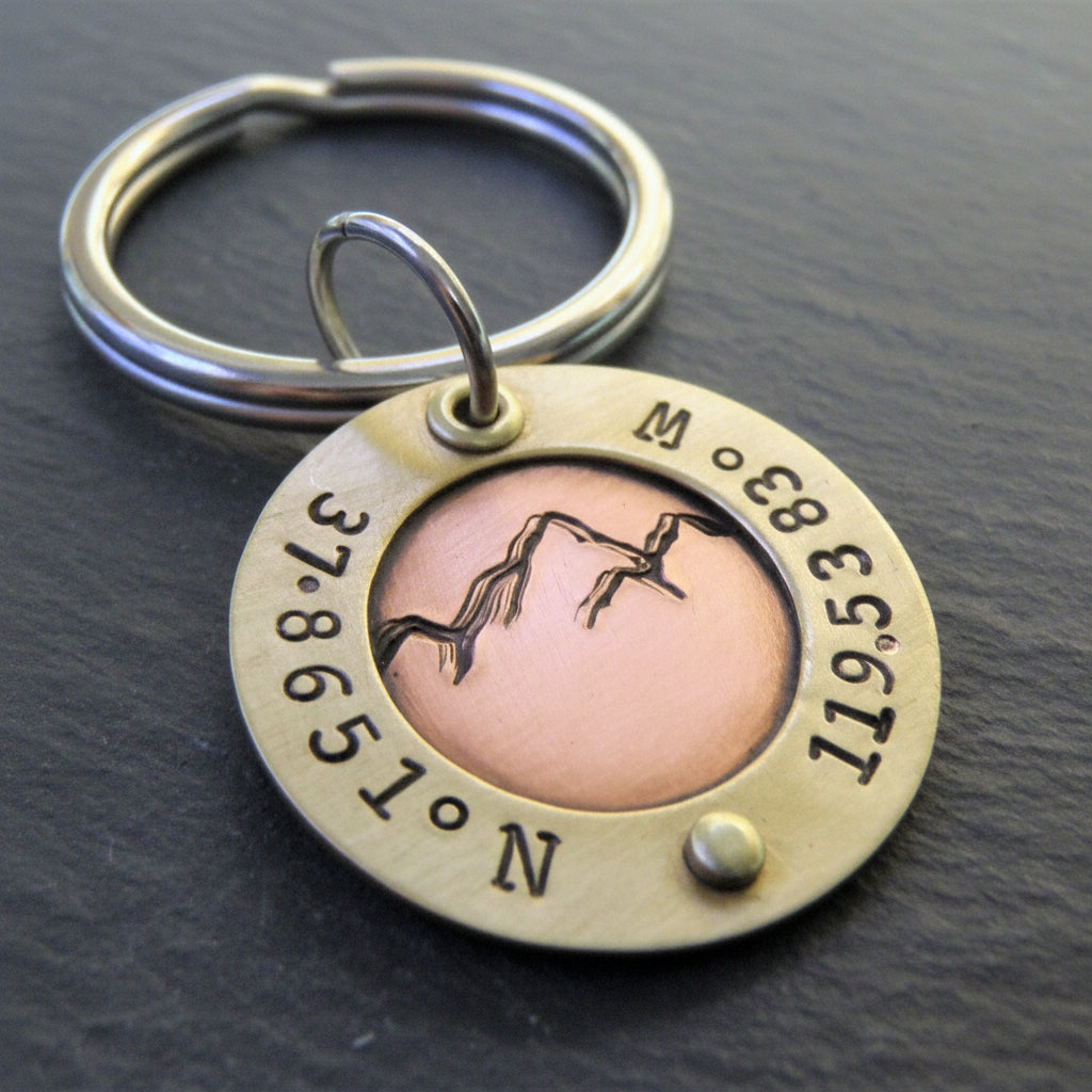 custom mountain keychain with personalized coordinates in mixed metal gold and copper - drake designs jewelry