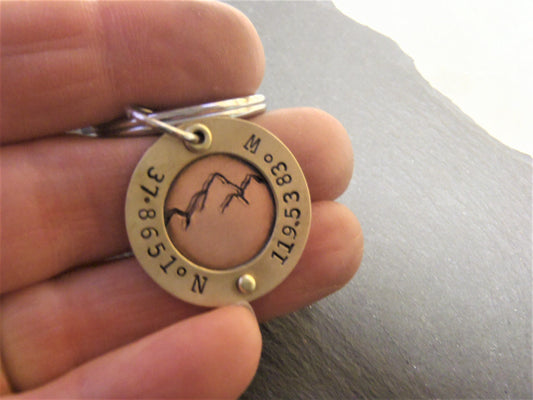 custom mountain keychain with personalized coordinates in mixed metal gold and copper - drake designs jewelry